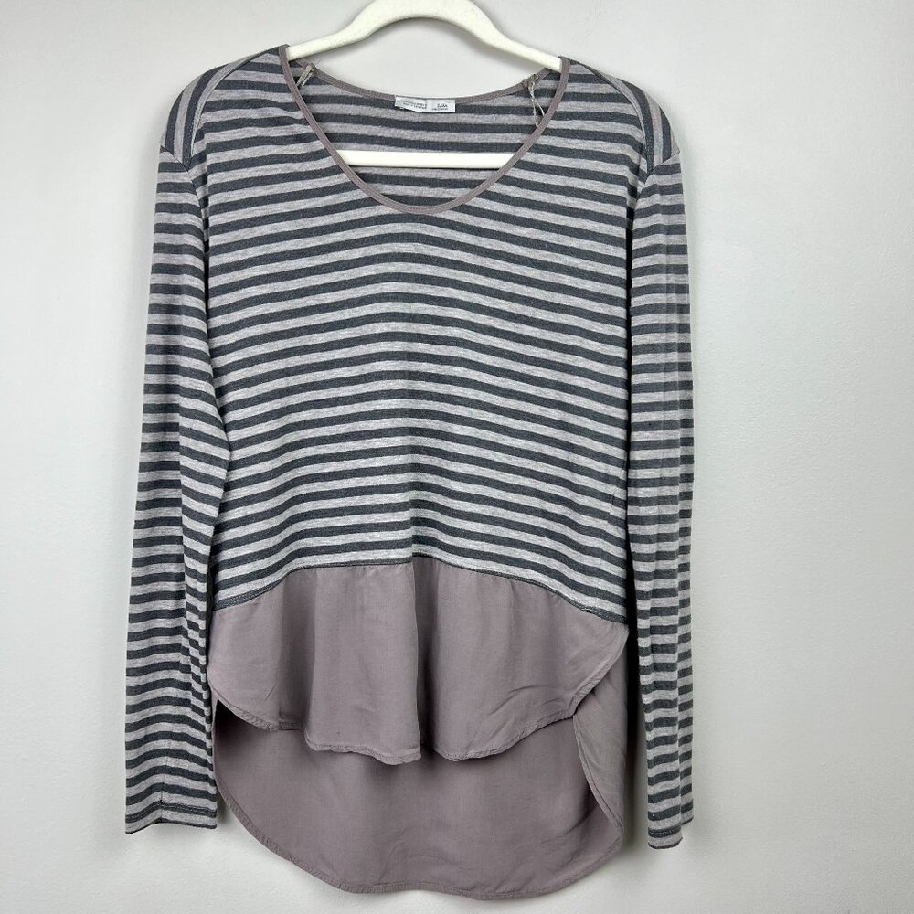 Zara W/B Collection Women's Medium Striped Long Sleeve Multi Material Blouse EUC